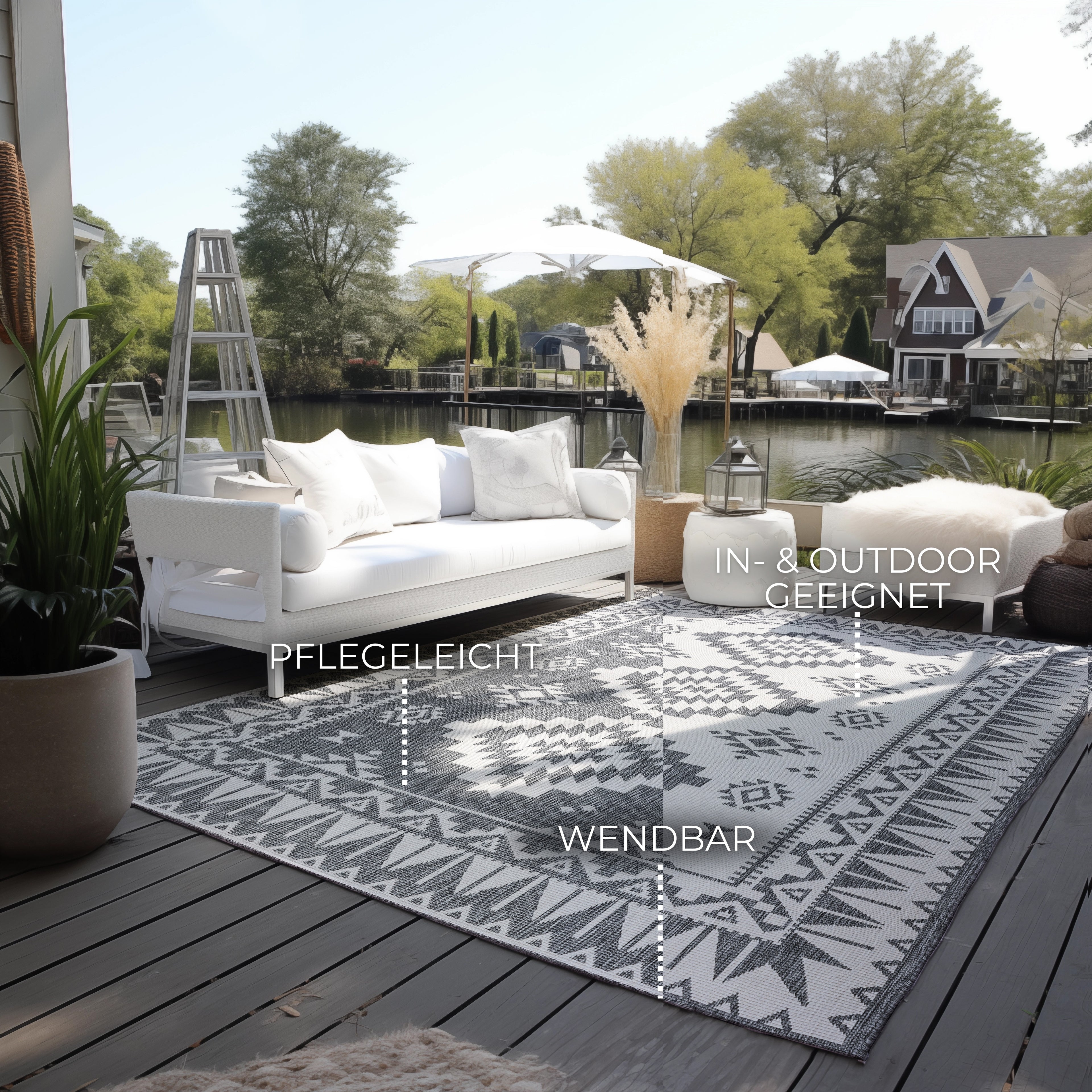 Elle Decoration Gemini Vändbar inom- och utomhusmatta Dynamic silver – miljöbild