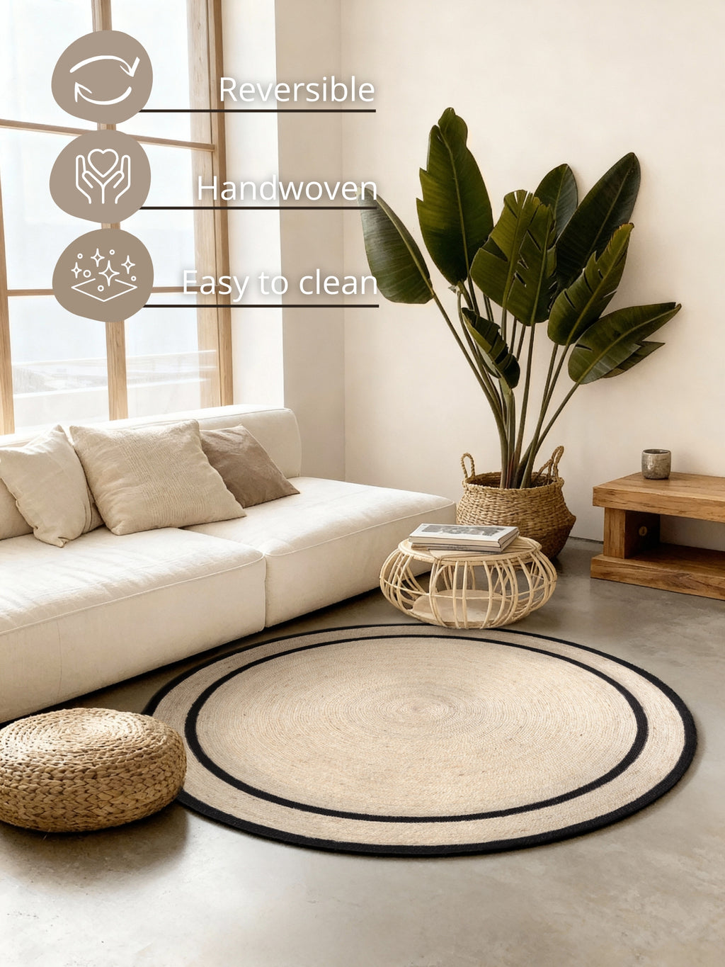 Hanse Home Jute Braided Jutematta rund Lina natur elfenben svart
