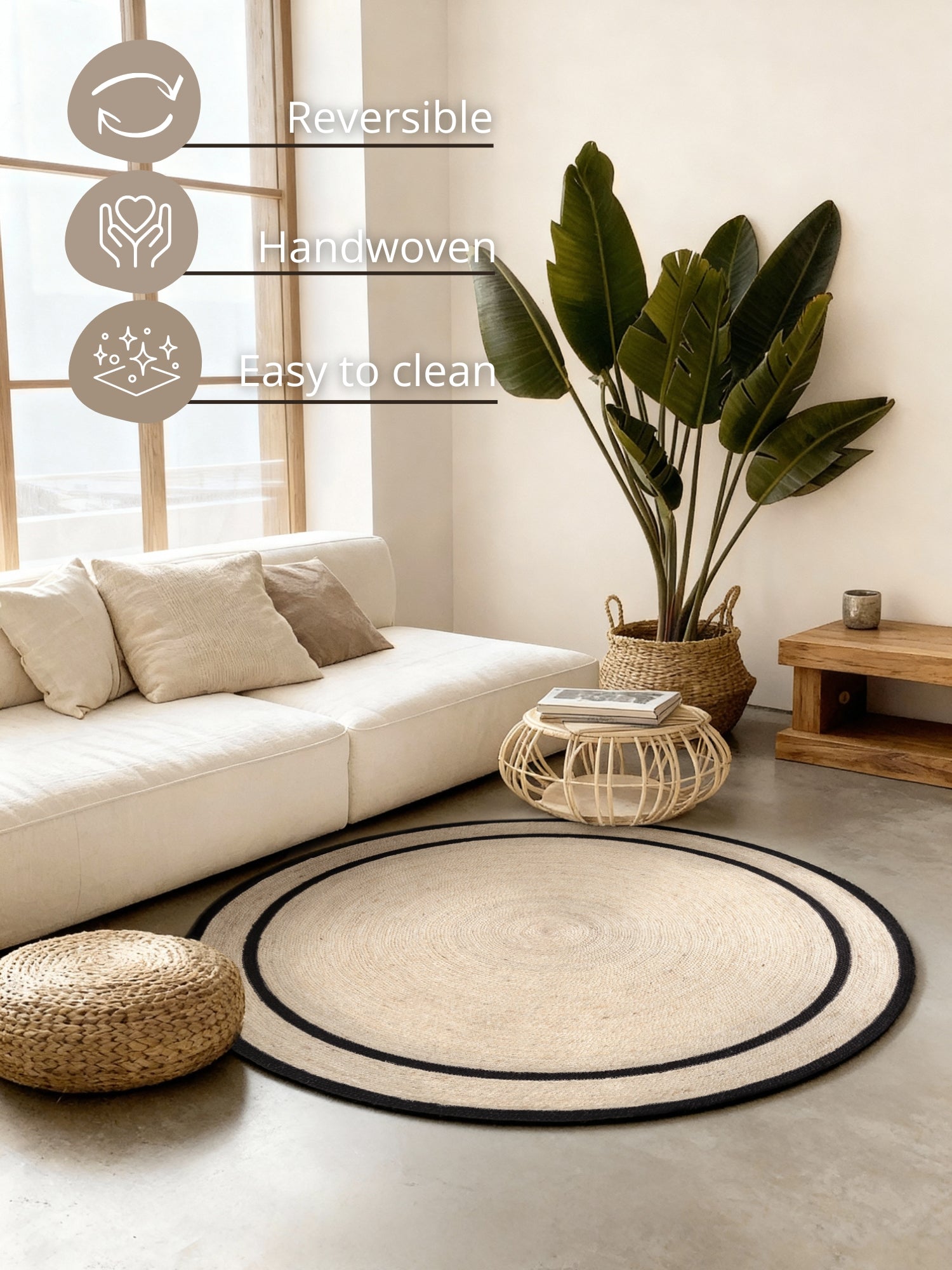 Hanse Home Jute Braided Jutematta rund Lina natur elfenben svart