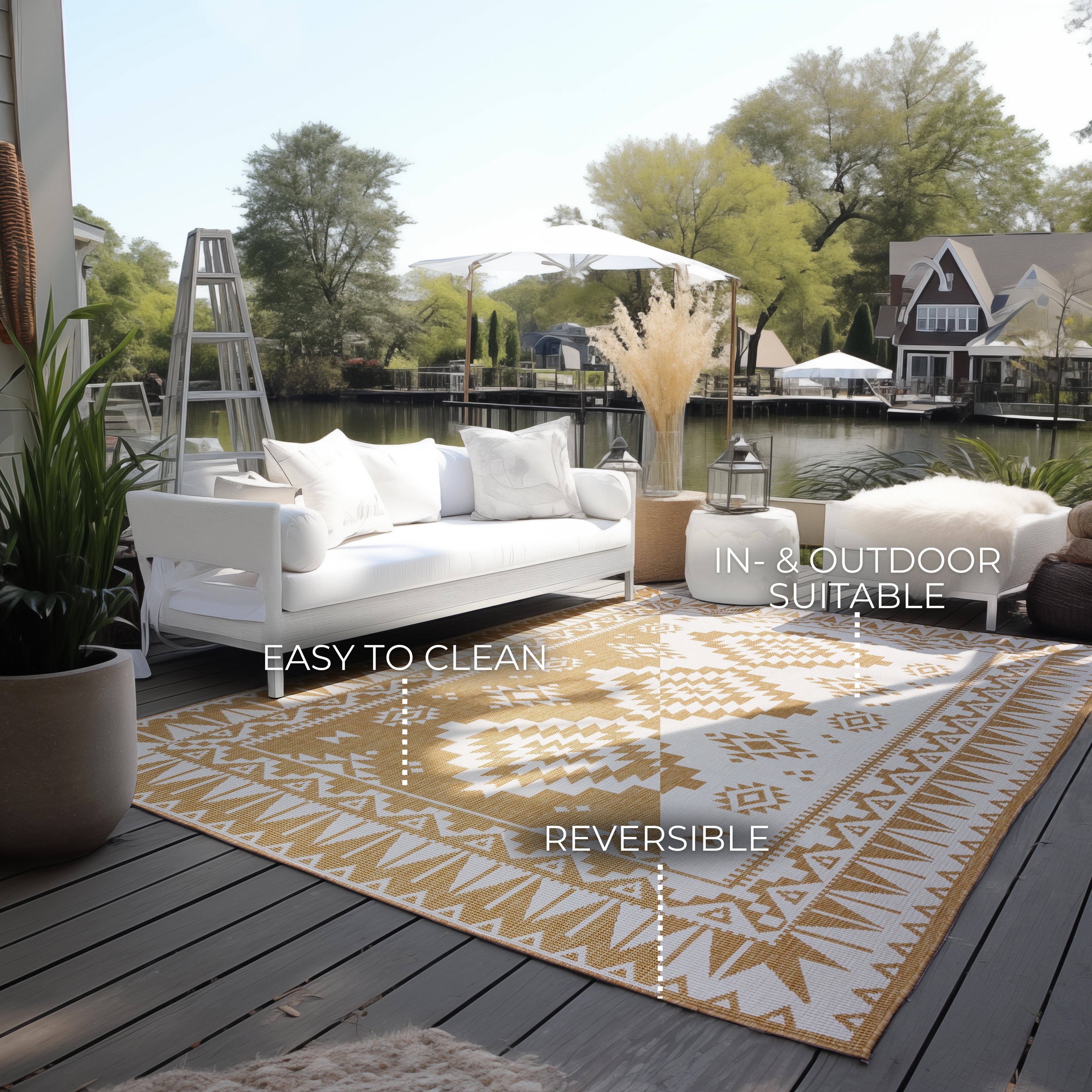 Elle Decoration Gemini Vändbar inom- och utomhusmatta Dynamic ockra – miljöbild