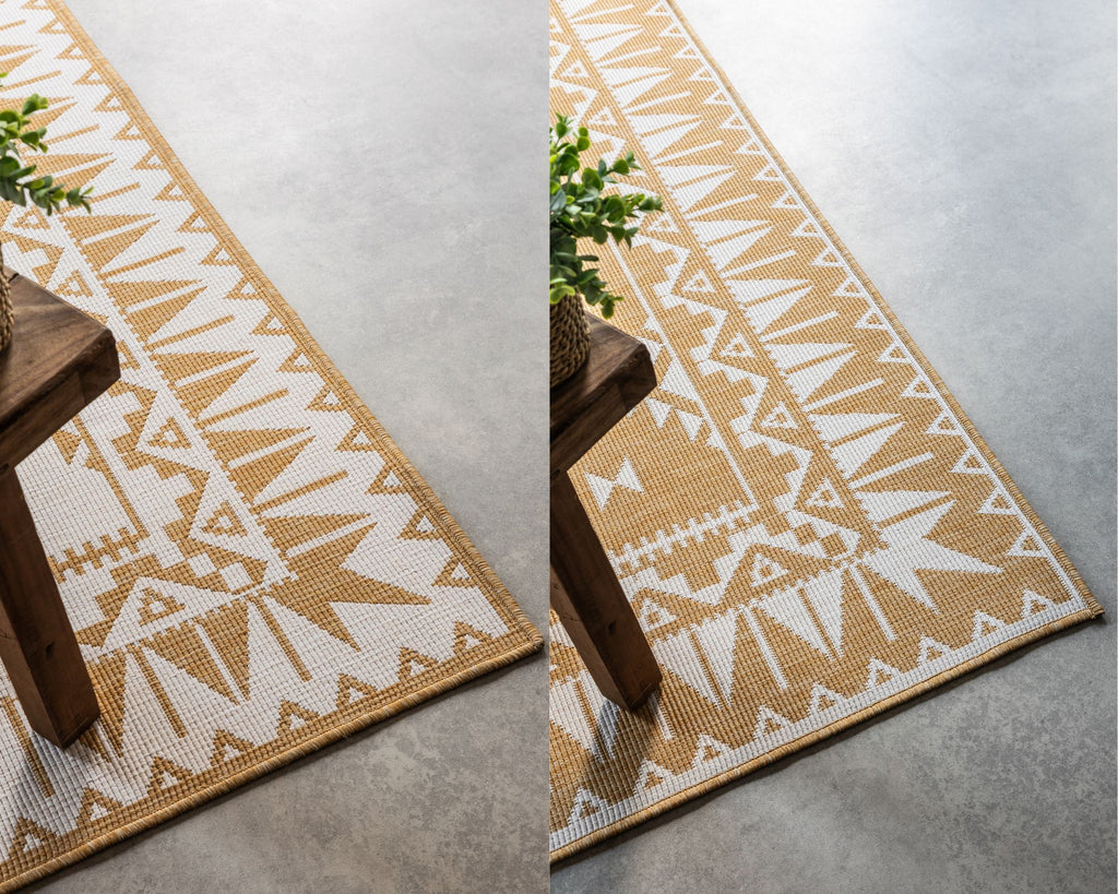 Elle Decoration Gemini Vändbar inom- och utomhusmatta Dynamic ockra – detaljbild