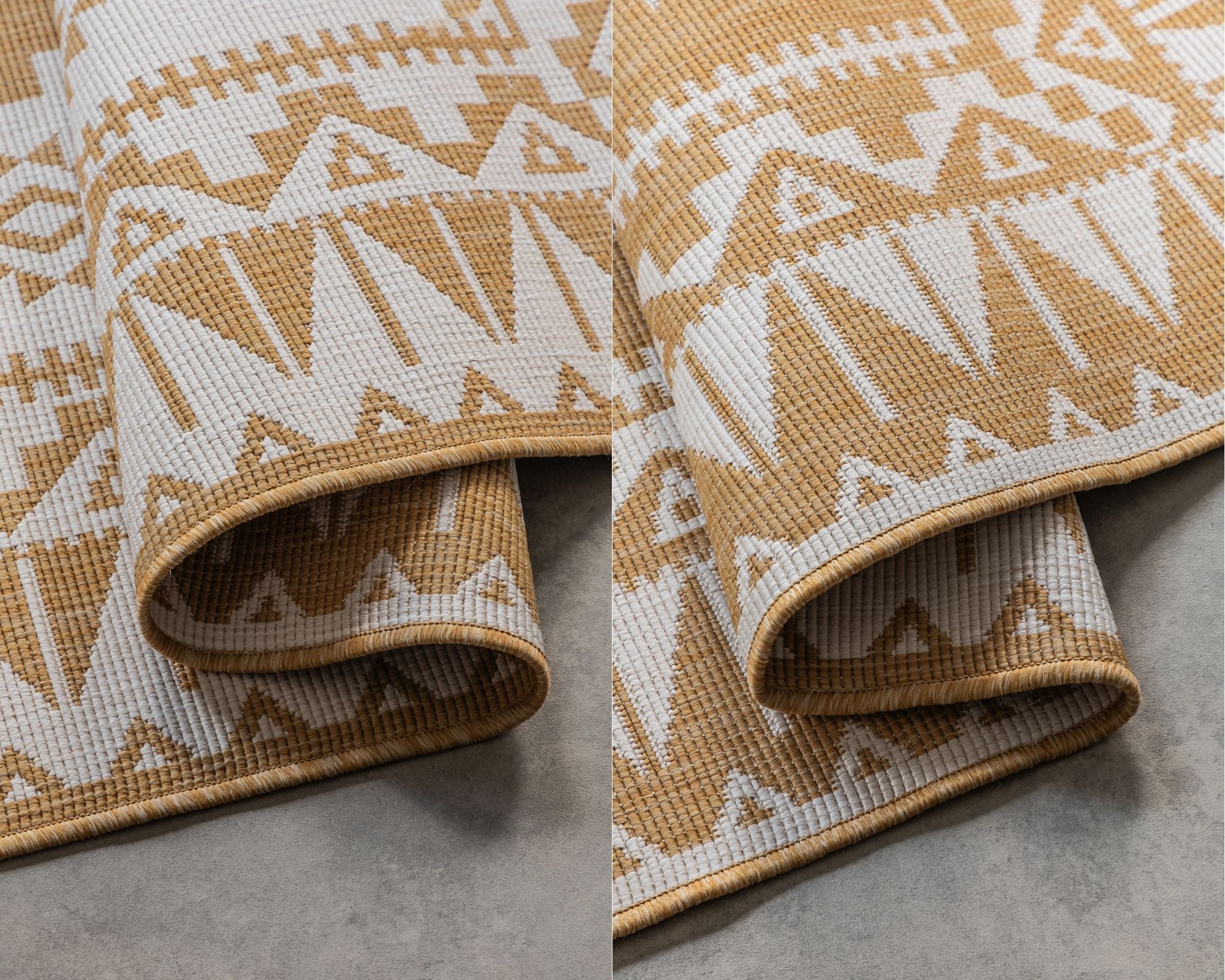 Elle Decoration Gemini Vändbar inom- och utomhusmatta Dynamic ockra – detaljbild
