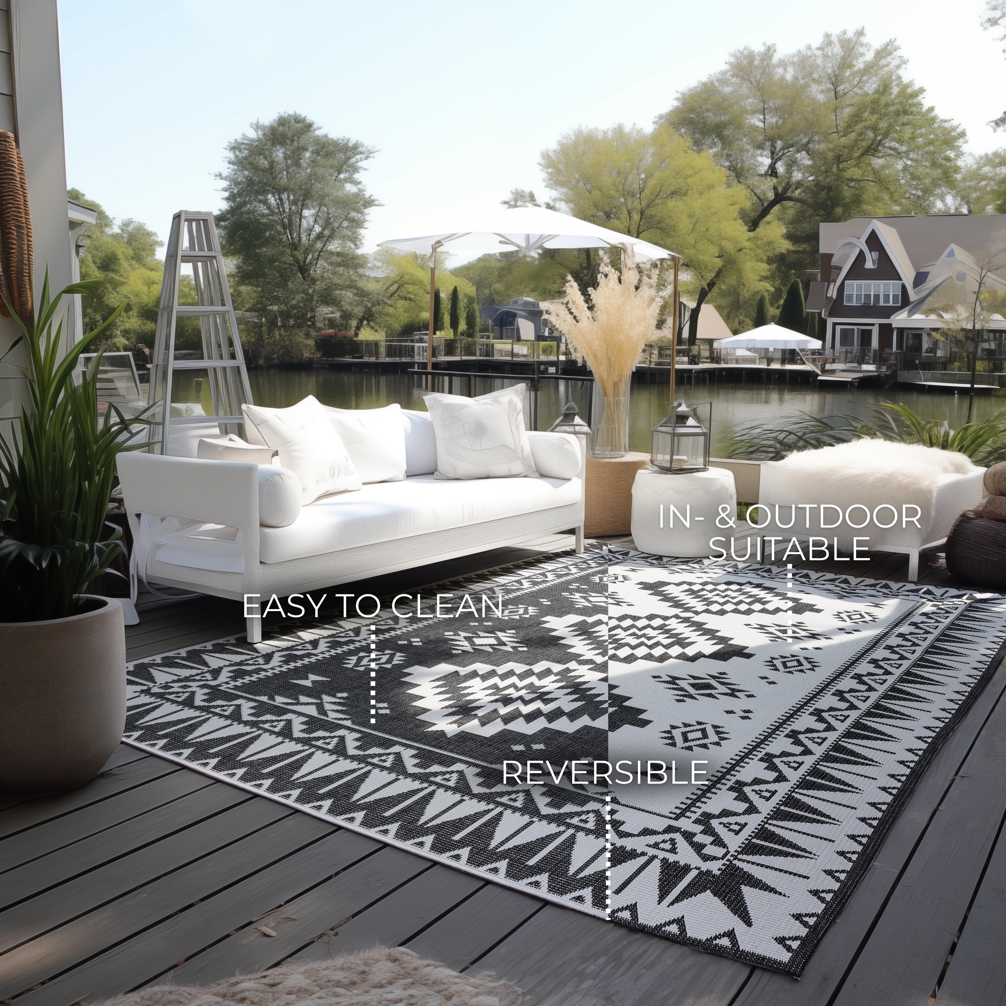 Elle Decoration Gemini Vändbar inom- och utomhusmatta Dynamic svart – miljöbild