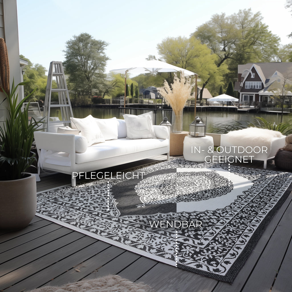 Elle Decoration Gemini Vändbar inom- och utomhusmatta Meekly svart – miljöbild