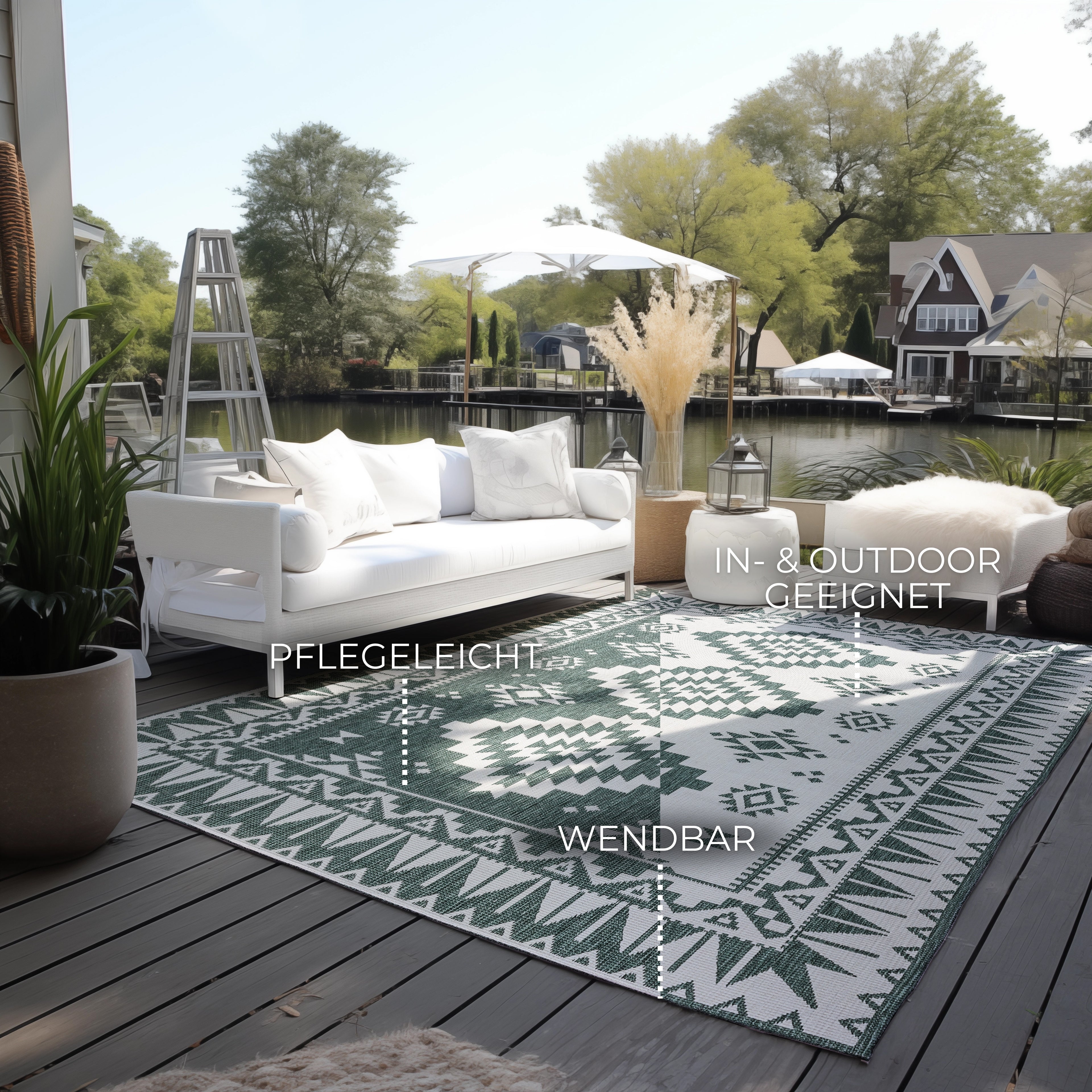Elle Decoration Gemini Vändbar inom- och utomhusmatta Dynamic grön – miljöbild